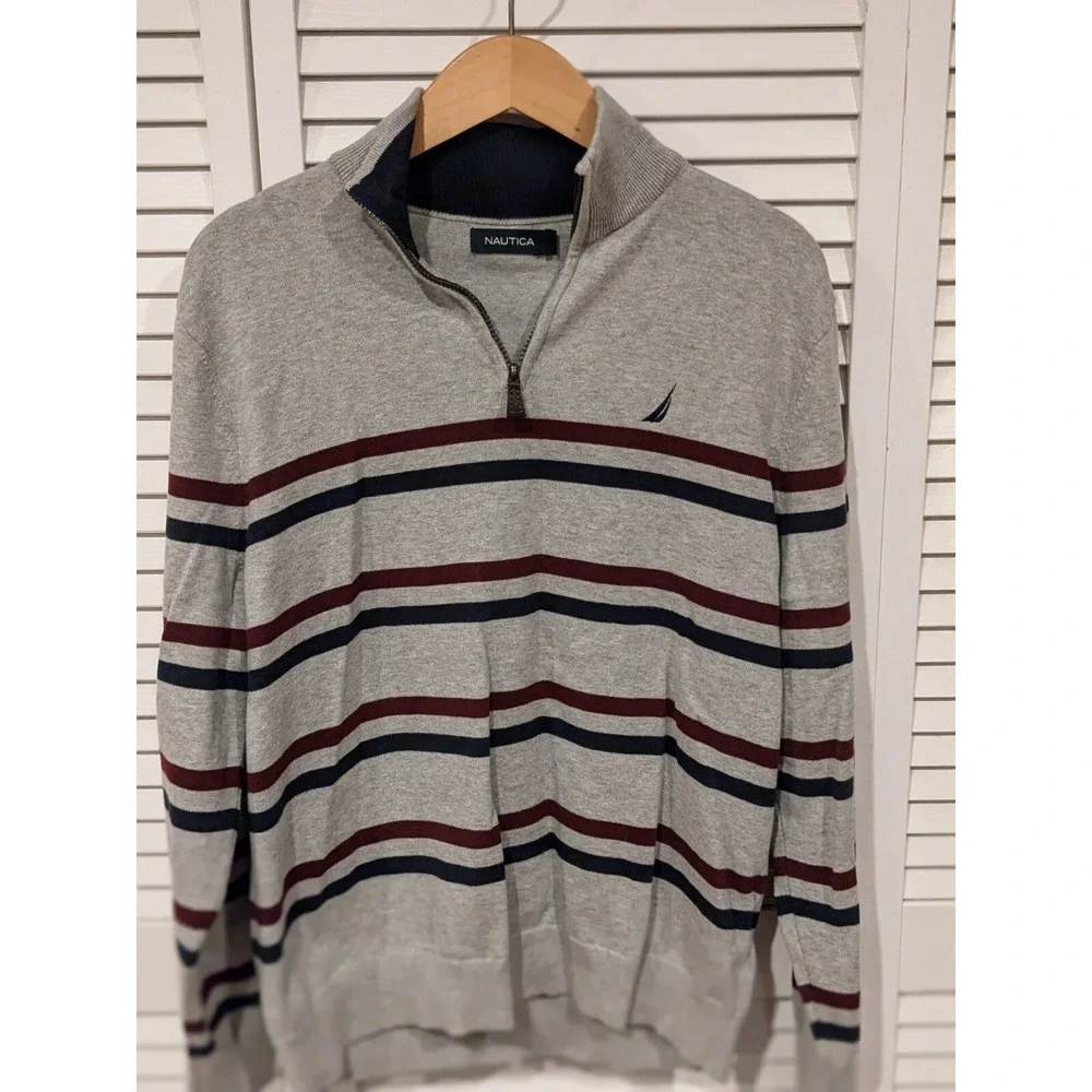 Nautica Men's L Gray Striped‎ Quarter Zip Pullover Sweater Logo Preppy Classic